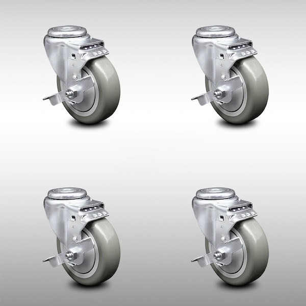 4 Inch SS Gray Polyurethane Wheel Swivel Bolt Hole Caster Set with Brake SCC
